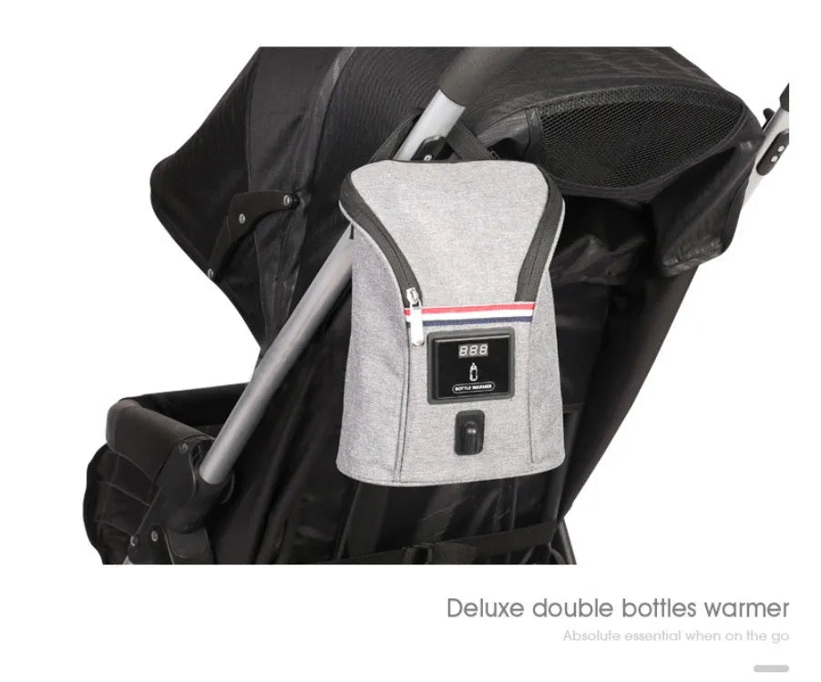 Grey Oxford cloth portable car USB baby bottle warmer with electronic display and carry handle