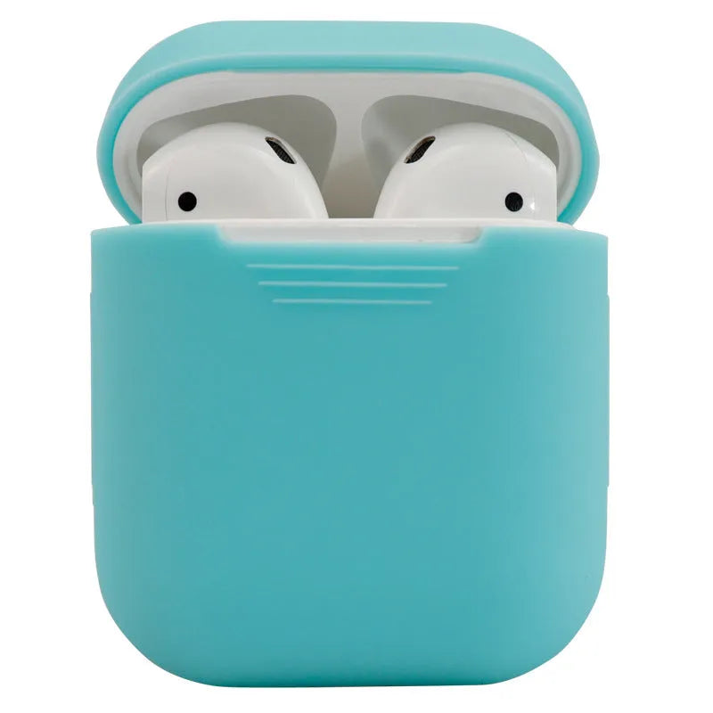 Silicone protective case for Apple AirPods 2 wireless earbuds in various colours showing dimensions