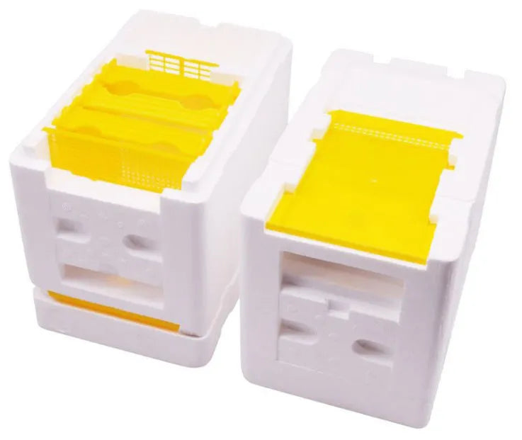 Three white EPS foam bee breeding boxes for hive mating and pollination activities