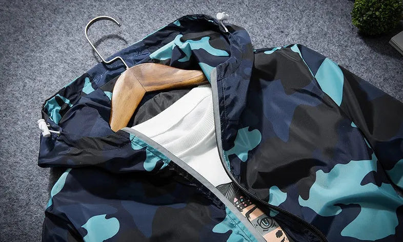 Covrlge men's camouflage hooded jacket with luminous zipper spring casual coat MWJ011 in green colour front view