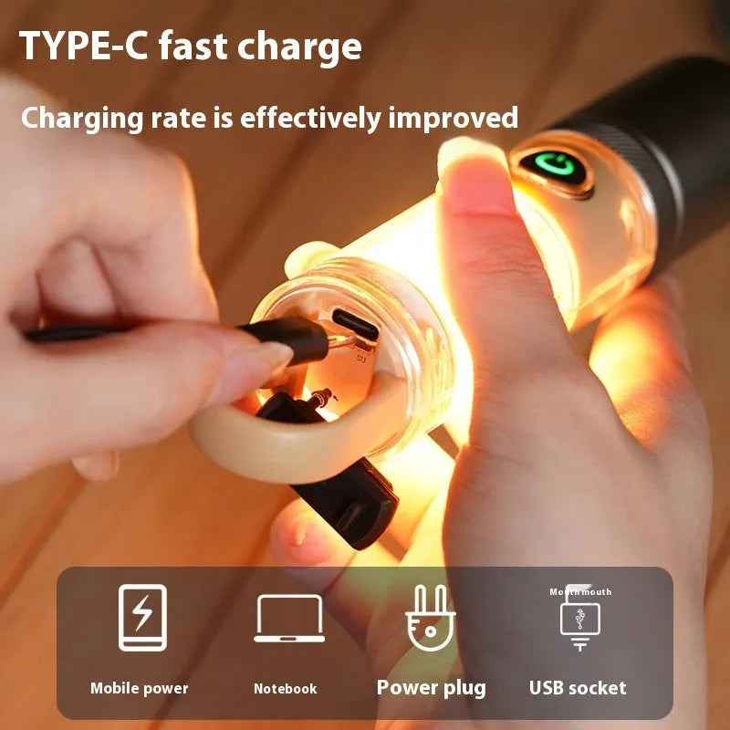 Orange and beige 10W dual light source flashlight with hook and optical zoom feature
