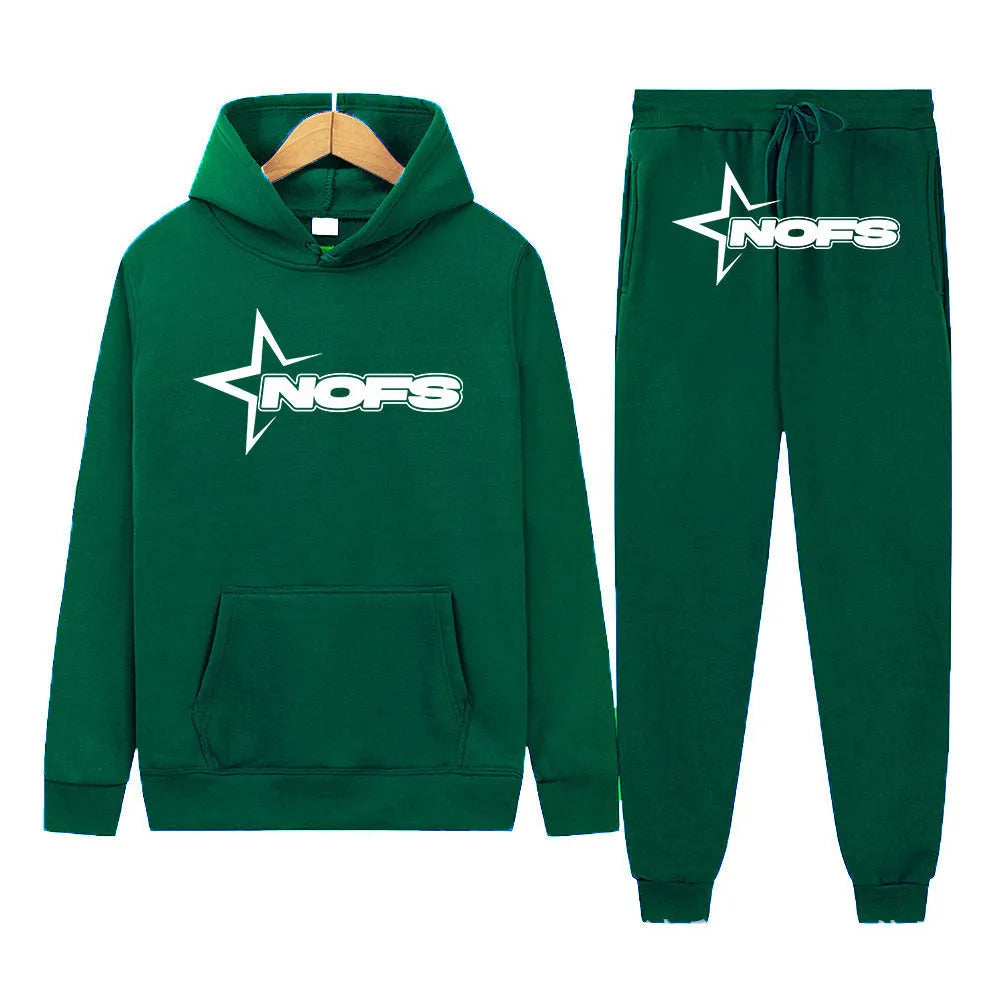 Unisex Gothic punk two-piece streetwear set with hooded sweater and matching trousers in light gray with white lettering