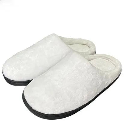 A pair of pattern printed flannel slippers with a TPR sole, shown in a customisable colour.