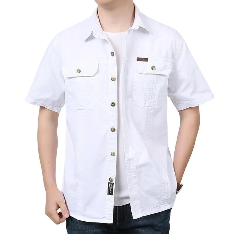 Men's solid colour cotton short sleeve cardigan shirt in dark blue, regular fit, summer wear