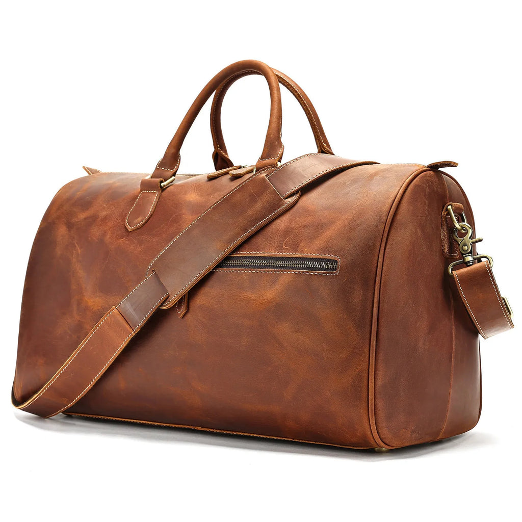 Men's vintage brown leather large crossbody bag with polyester cotton lining.