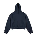 Short black cotton composite velvet hooded sweater with a removable hood on a hanger.