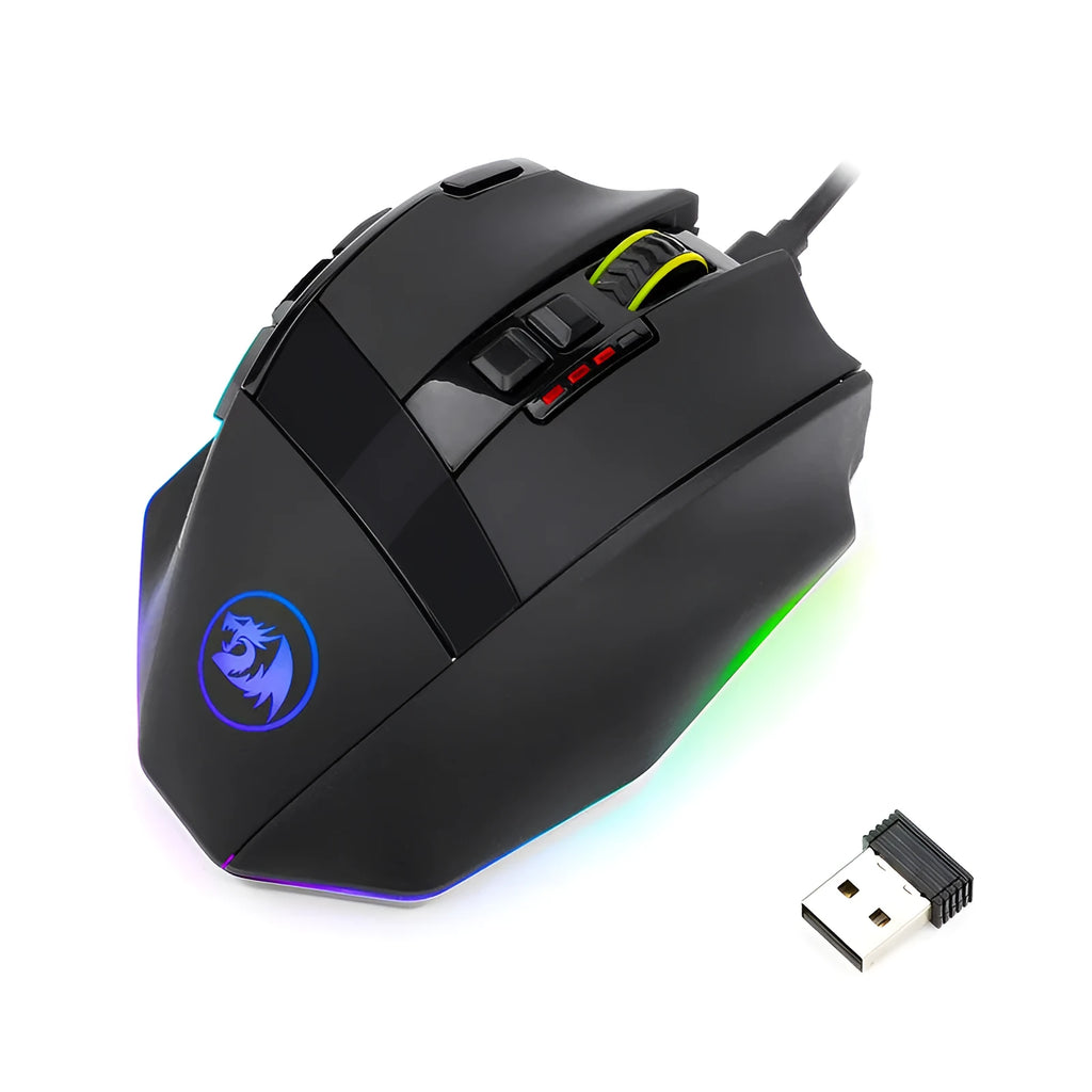 Black Redragon M801P wireless gaming mouse with multiple buttons on ergonomic right-handed design