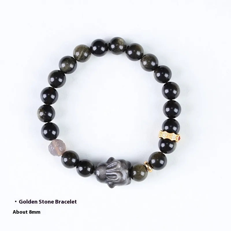 Handmade lying rabbit obsidian bracelet in Chinese national style with 8mm and 10mm width options
