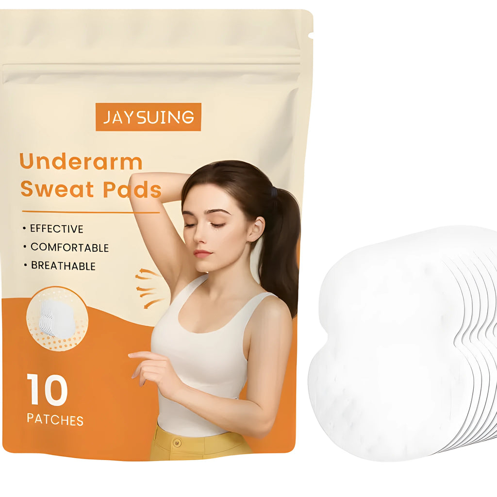Pack of 10 underarm sweat absorbing patches with vitamin E, transparent adhesive design