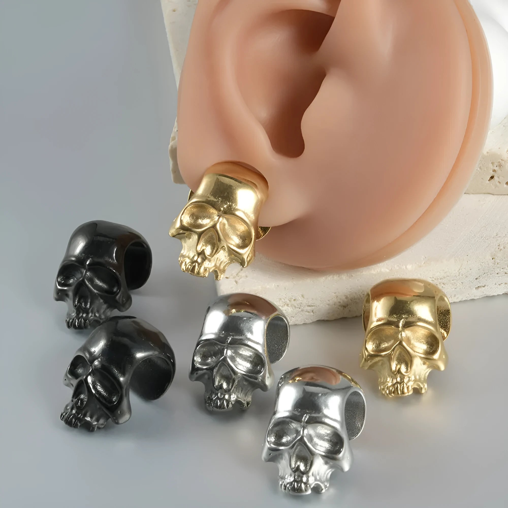 Stainless steel hollow skull Buddha geometric earrings in electroplated colours for hip hop style