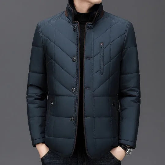Men's winter short coat in dark blue colour with side seam pockets