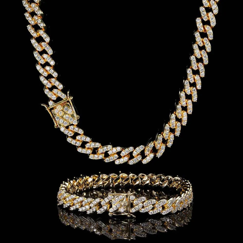 Single row copper Cuban chain bracelet with AAA zircon inlay on white background, gold colour, 9mm width