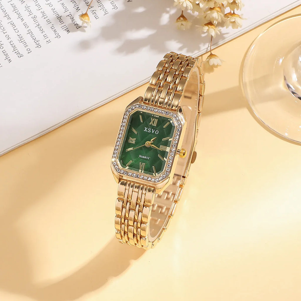 Gold green square women's watch with four matching bracelets in 5-piece jewellery gift set