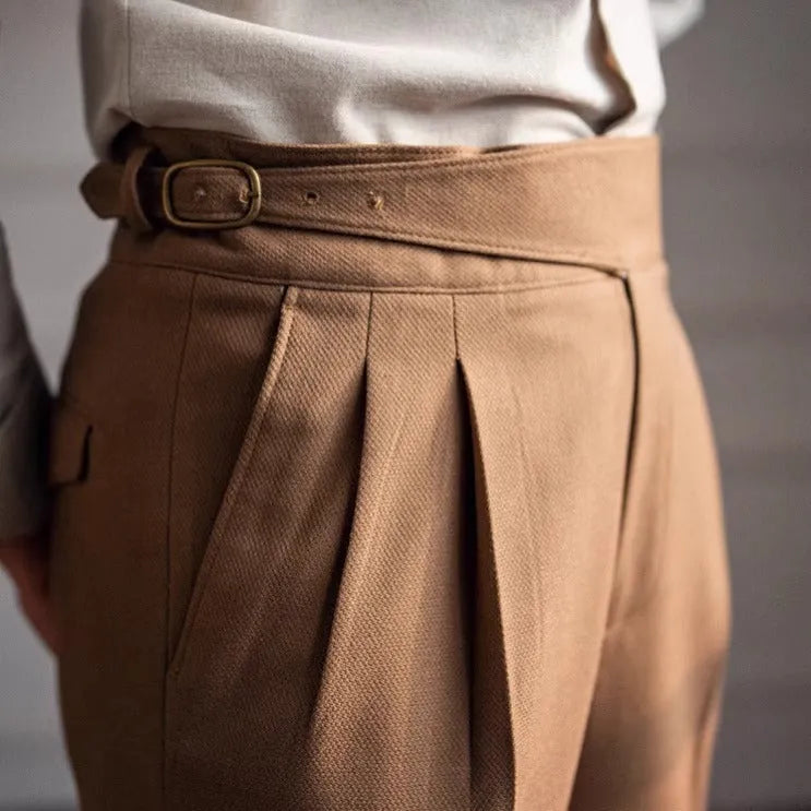 Men's high waist straight leg casual trousers in polyester available in black, white, khaki, and brown colours