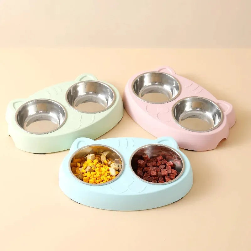 Blue macaron-shaped plastic pet feeder tray with two bowls for cat or dog food and water
