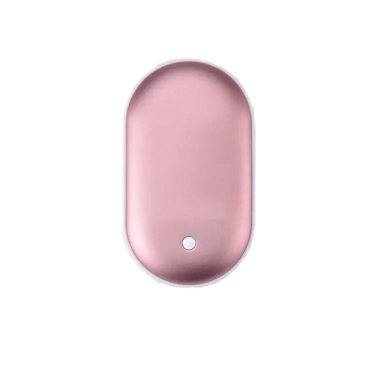 Rechargeable mini hand warmer and power bank device showing compact design with USB port and digital display