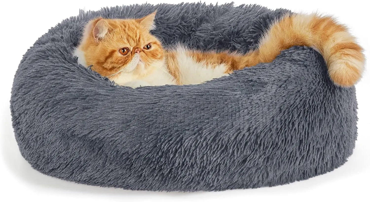 Indoor non-slip round fluffy plush pet bed for dogs in khaki, 60cm size, on a wooden floor