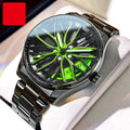 Men's hollowed-out luminous quartz watch with stainless steel strap showing black and red colour variant on a white background
