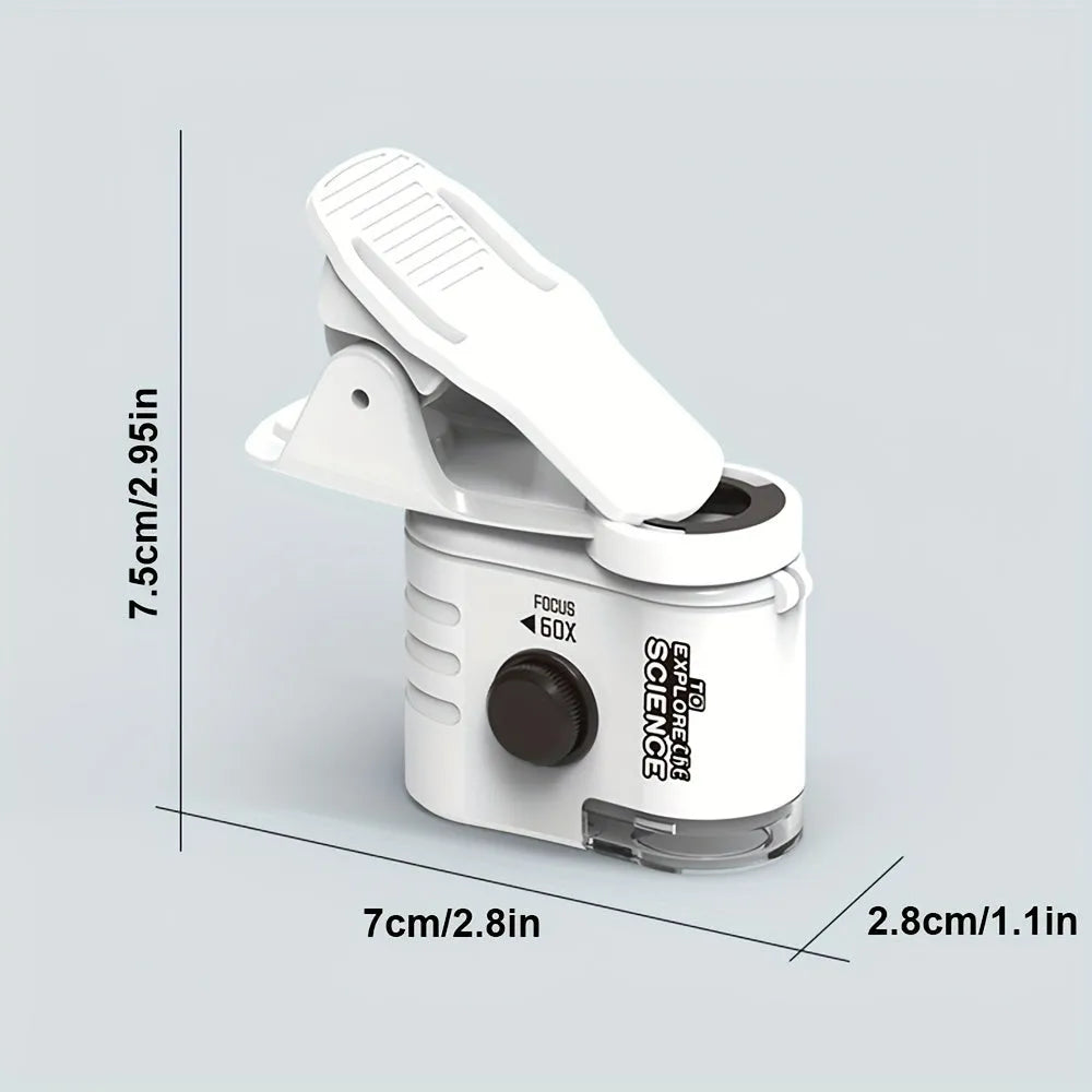 Mini 60x magnification smartphone microscope with LED light and detachable clip on a mobile phone