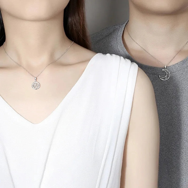 Sun moon tooth couple necklace with copper pendant and cross chain, male and female colour variants