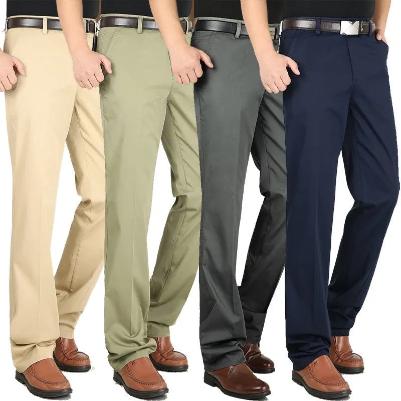 Men's elastic cotton high waisted loose trousers in khaki yellow, front view
