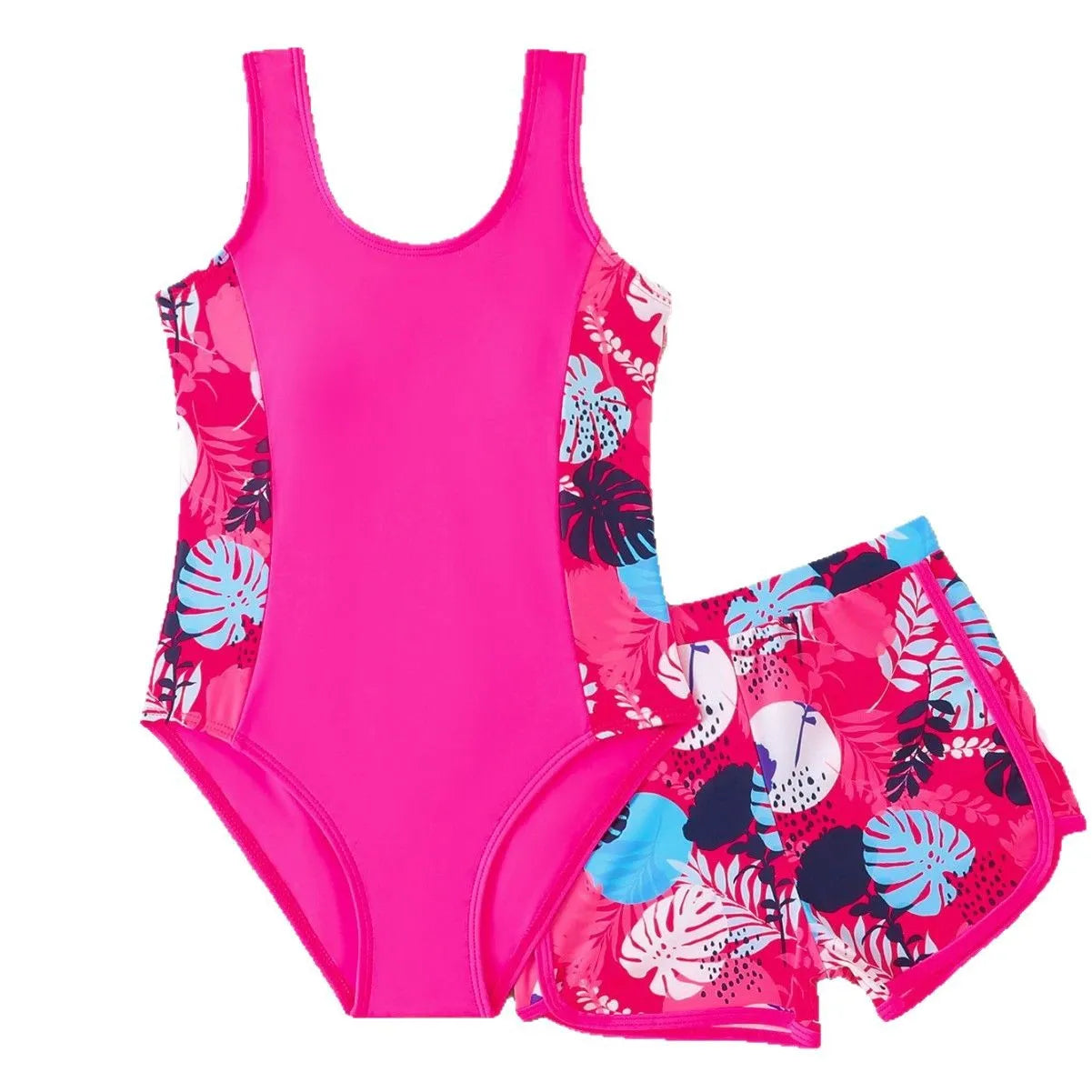 Girls' two piece swimsuit set with one piece and boxer shorts in blue, purple, and rose red, sizes 130 to 160, polyester fabric