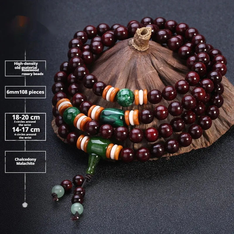 Men's traditional rosewood bracelet with 108 beads, showing lapis lazuli and turquoise accent styles.