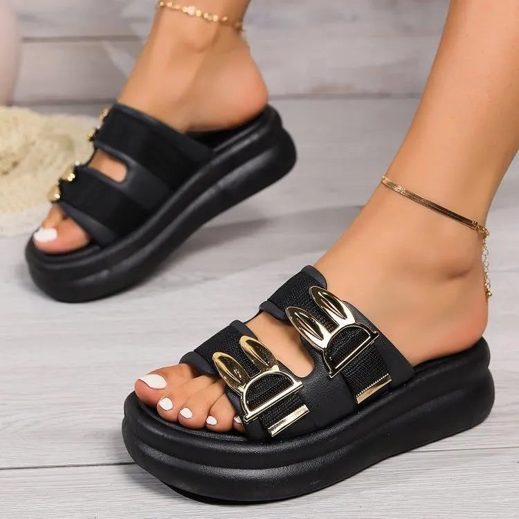 Women's suede slippers with thick rubber soles in apricot, black and off-white colours
