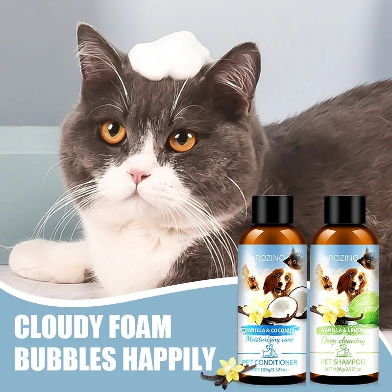 Pet wash nursing suite shampoo and conditioner set in two plastic bottles with labels