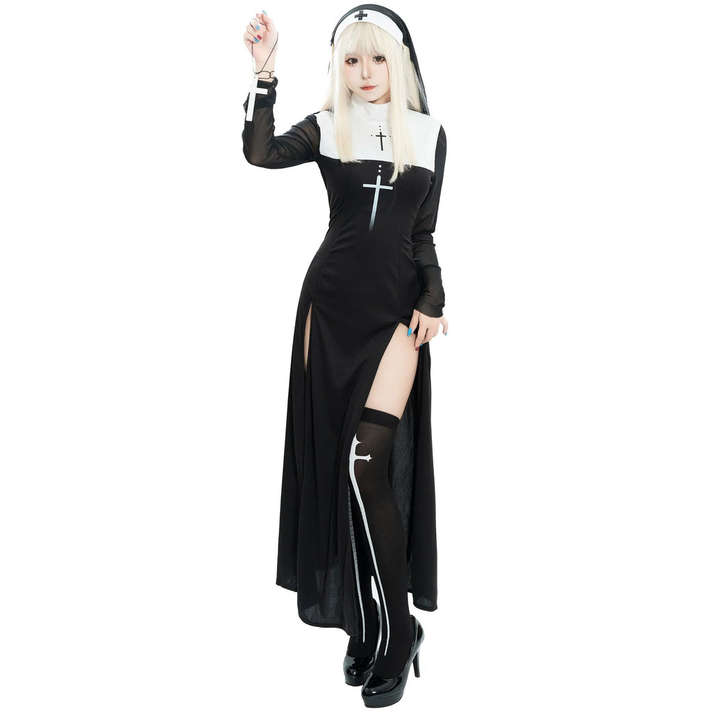 Black polyester women's nun costume dress with long sleeves for Halloween or cosplay