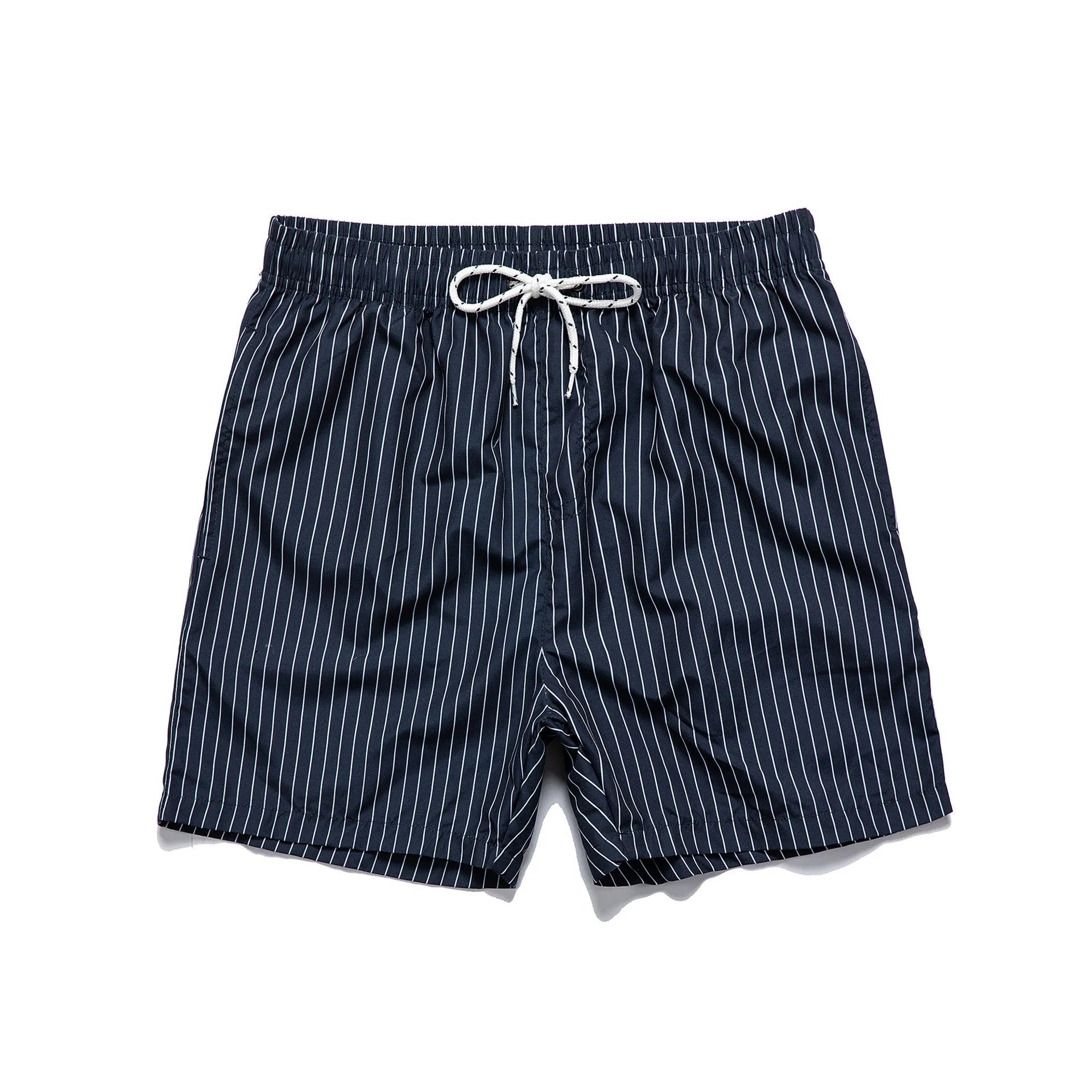 Men's striped polyester beach shorts in light blue with straight leg cut