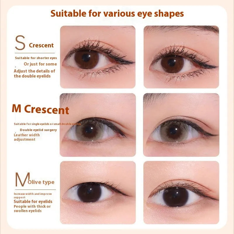 Double eyelid stickers showing invisible lace design in three shapes: Crescent S, Crescent M and Olive M