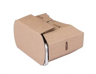 Corrugated cardboard virtual reality glasses for smartphones showing 3D content.