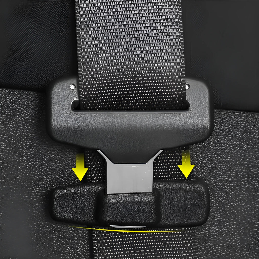 Two black ABS plastic universal car seatbelt stopper clips in clear OPP packaging