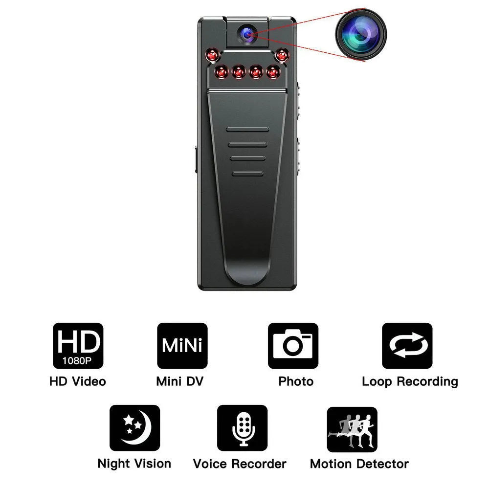 Black 1080p HD home camera with night vision and 90-degree rotation capability