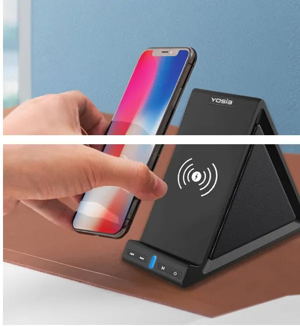 Black multifunctional Bluetooth speaker with integrated wireless charging base and phone stand.