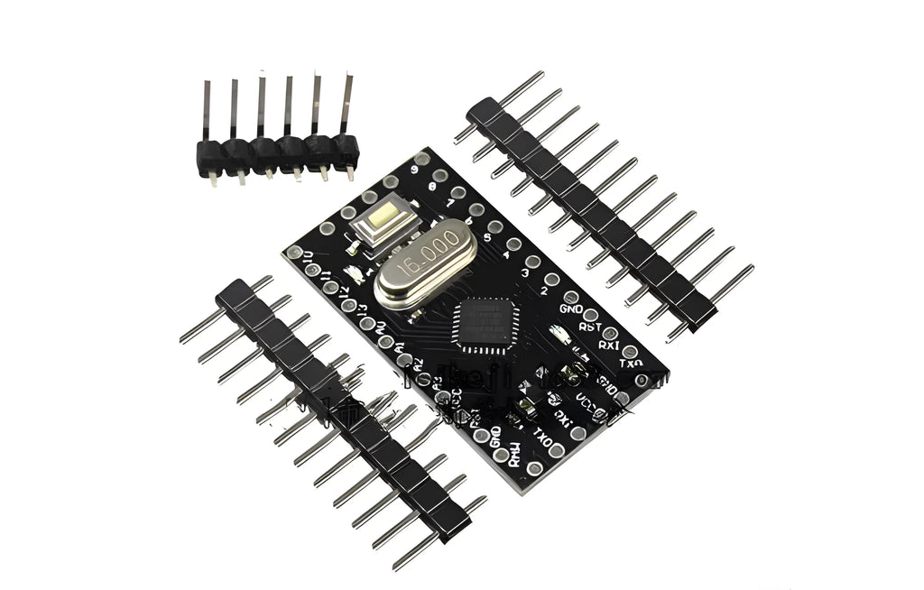 Mini Pro ATMEGA328P microcontroller development board with pin headers measuring 33.3 by 18.0 millimetres