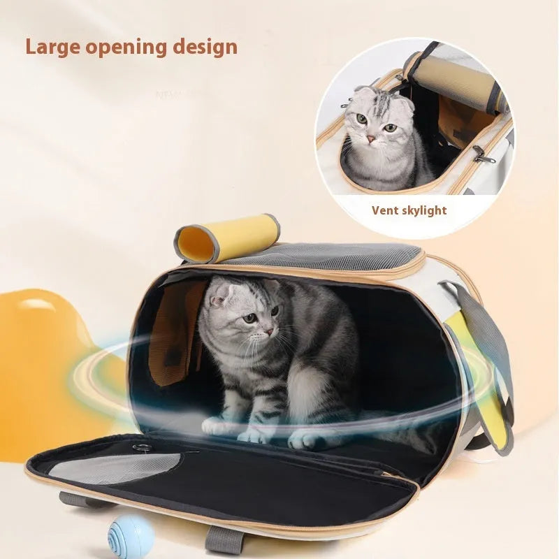 Foldable canvas pet carrier bag with shoulder strap shown in three colour options.