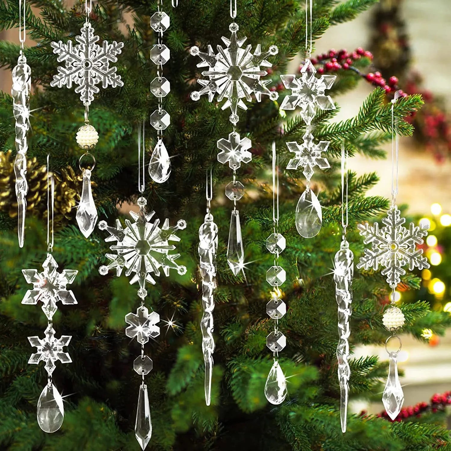 10pcs clear acrylic ice strip Christmas tree hanging pendants with ribbon for indoor outdoor decoration