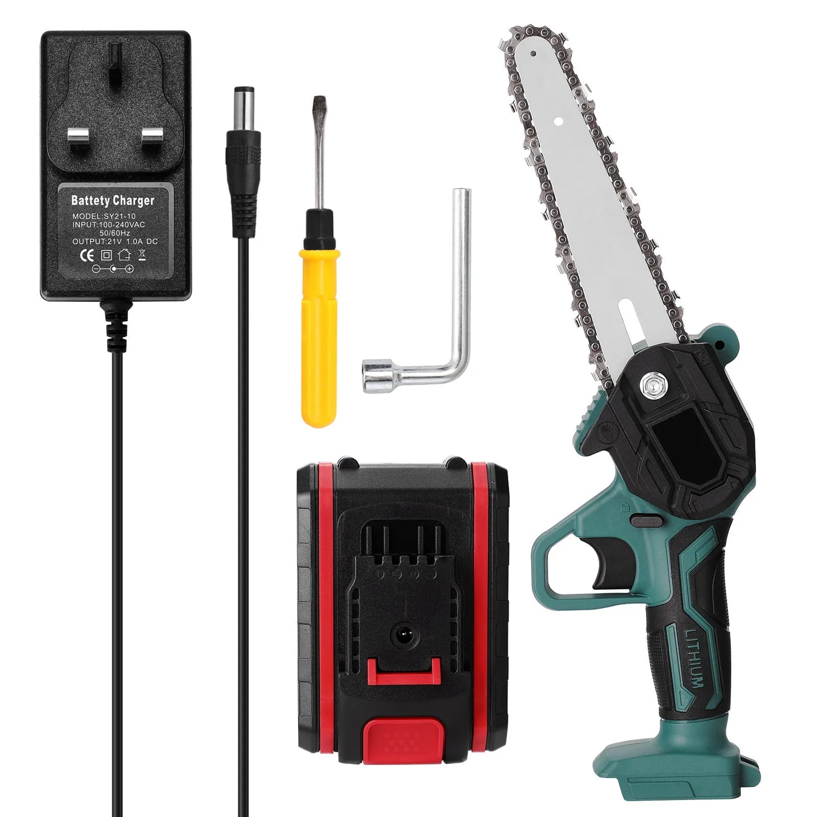 Black mini electric chainsaw held in one hand, showing 4-inch guide bar and compact body.