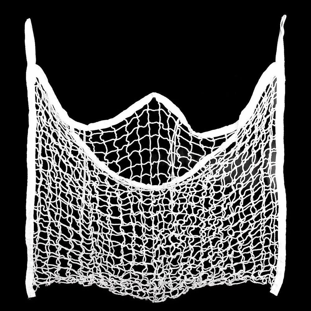 Woven PE rope grid horse feeding bag in black colour showing hanging design and weaving construction