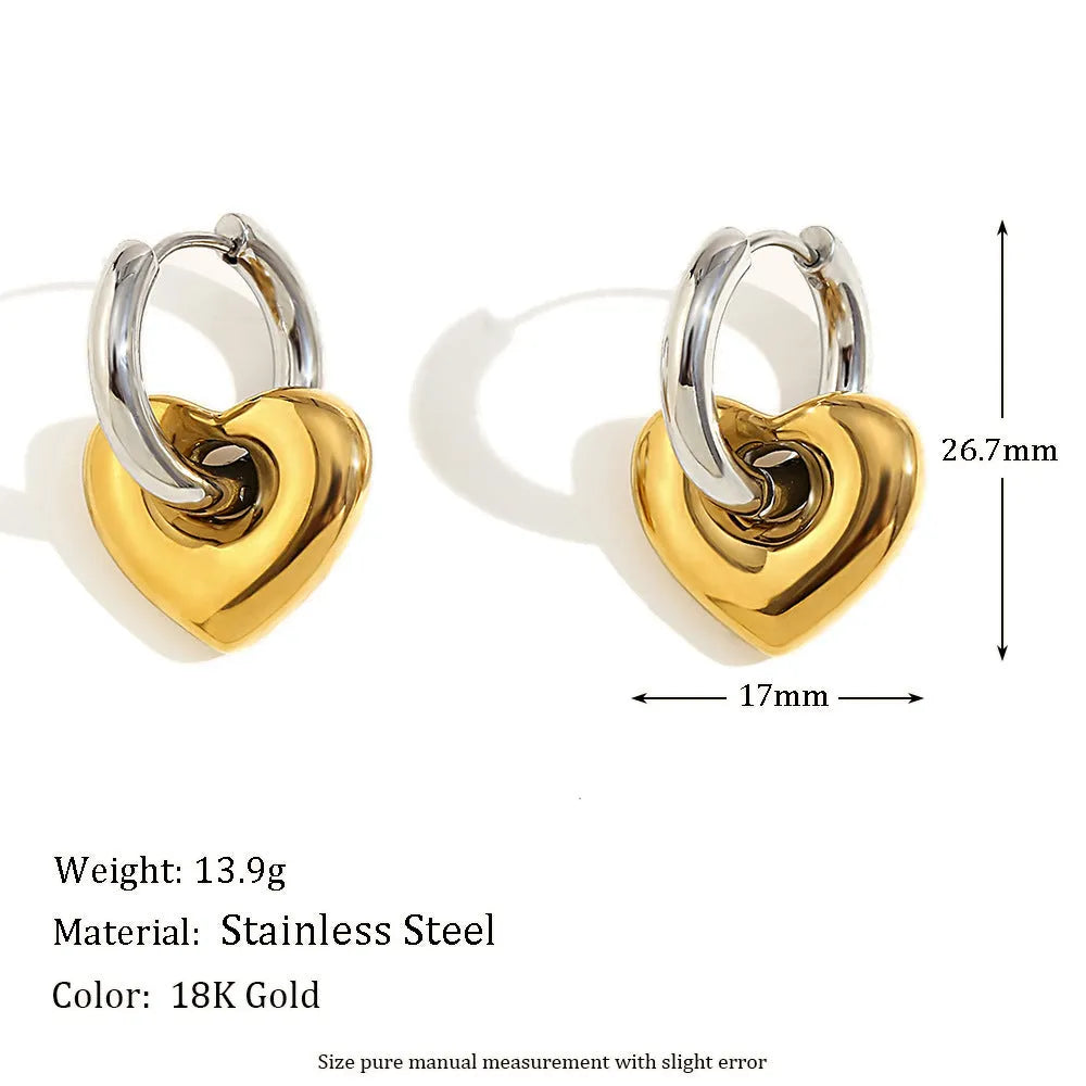 Gold geometric stainless steel earrings, bracelet, and necklace set on a white background.