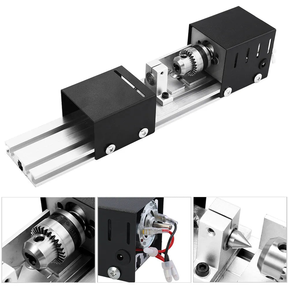 Mini metal woodworking lathe with silver finish and carving accessories on workbench