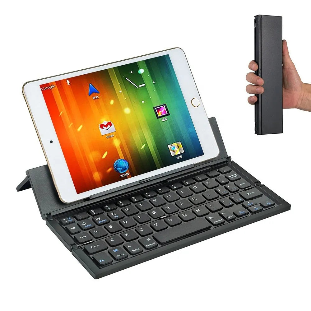 Black folding Bluetooth keyboard for tablets with aluminium bottom cover in open position