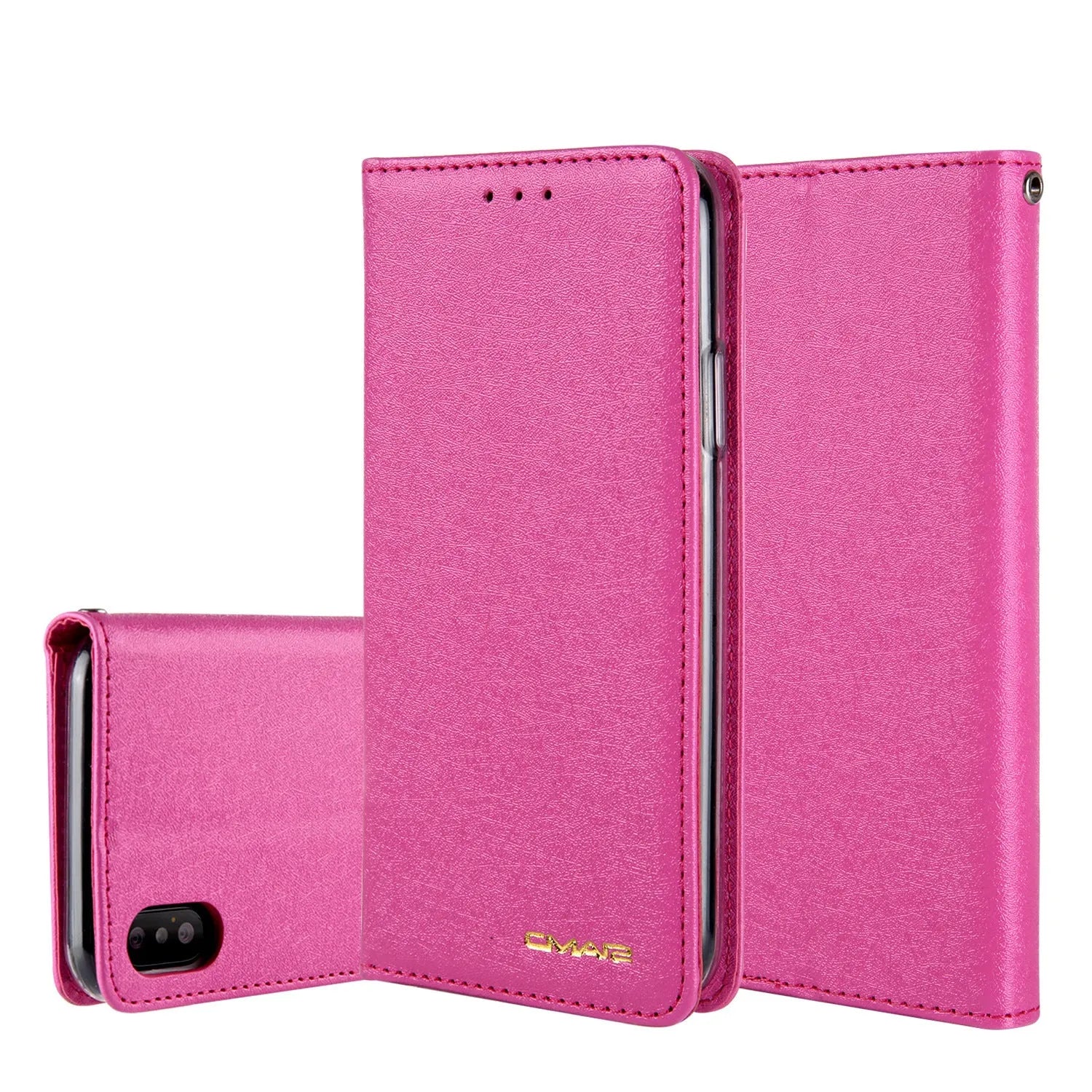 PU leather flip phone case for iPhone in various colours, showing closed front and open view with card slots.