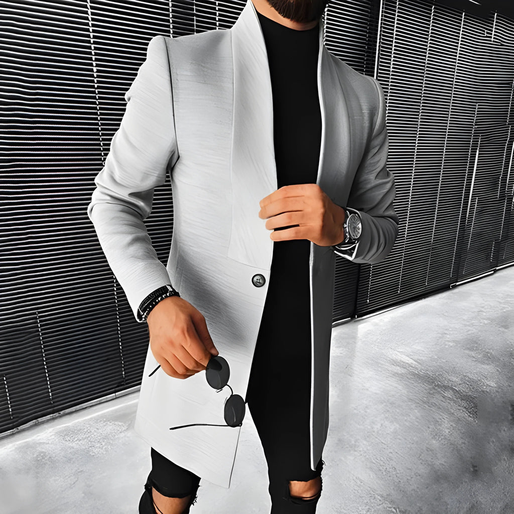 Men's stand-up collar mid-length woolen coat in Grey, front view, available in EU sizes XS to 4XL