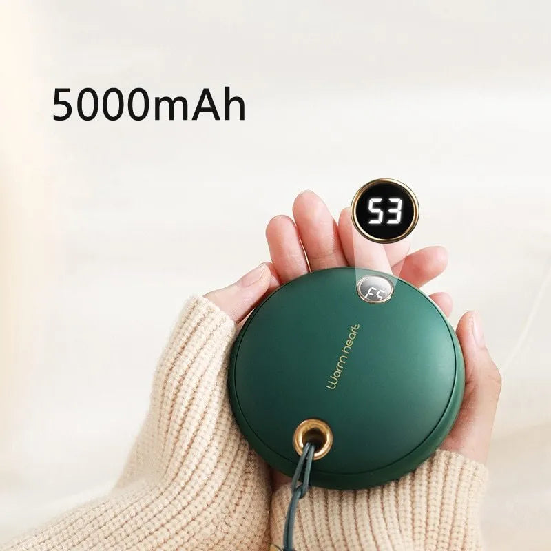 Green hand warmer power bank with digital display showing charge level, measuring 89.5mm square