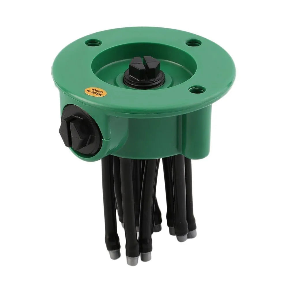 360 degrees adjustable lawn sprinkler with green colour and 9cm base, featuring bendable noodles for custom watering patterns in garden
