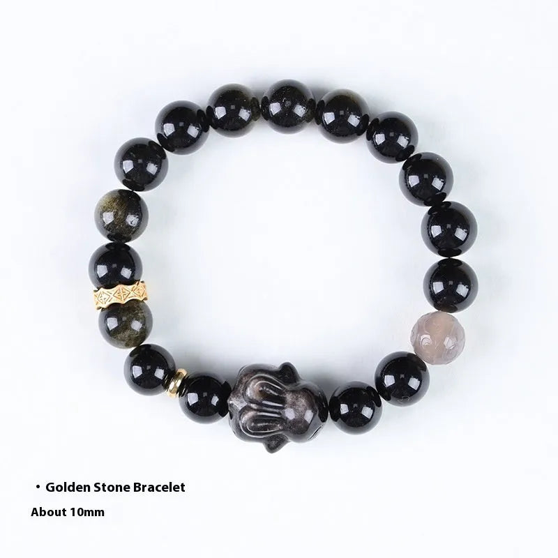 Handmade lying rabbit obsidian bracelet in Chinese national style with 8mm and 10mm width options