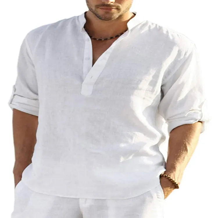 Men's light blue cotton linen stand collar long sleeve casual shirt buttoned down
